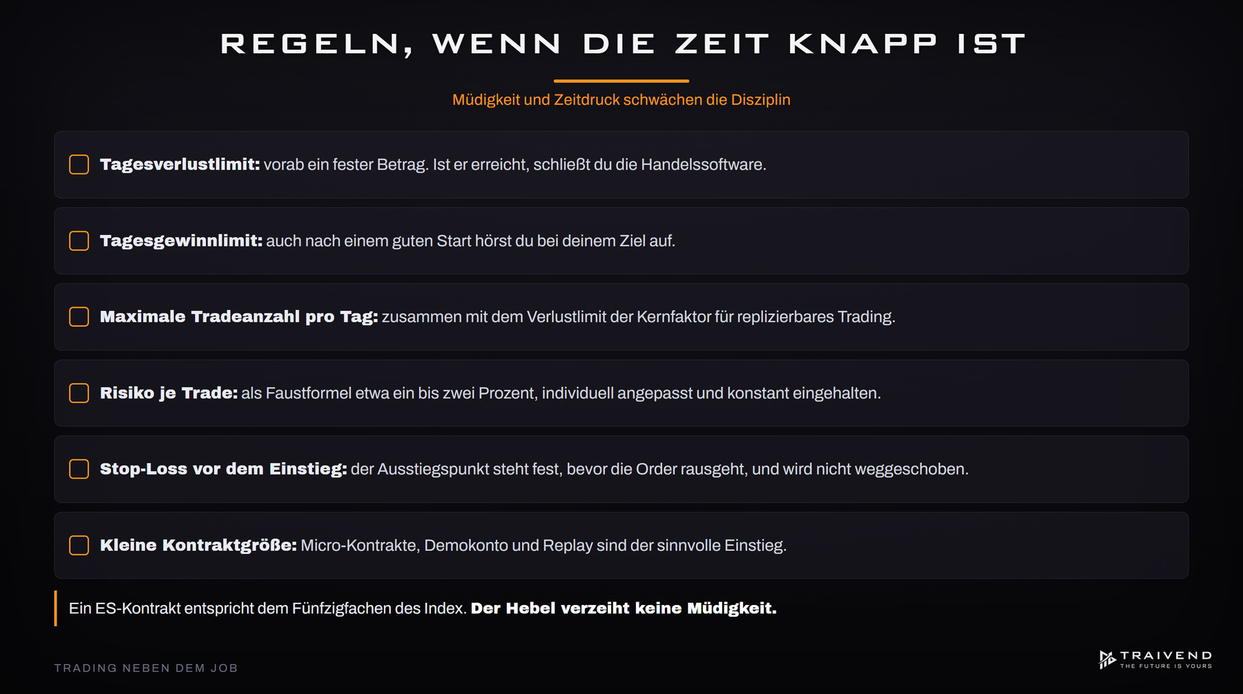 Regeln, wenn die Zeit knapp ist: Tagesverlustlimit, Tagesgewinnlimit, maximale Tradeanzahl, Risiko je Trade und Stop-Loss