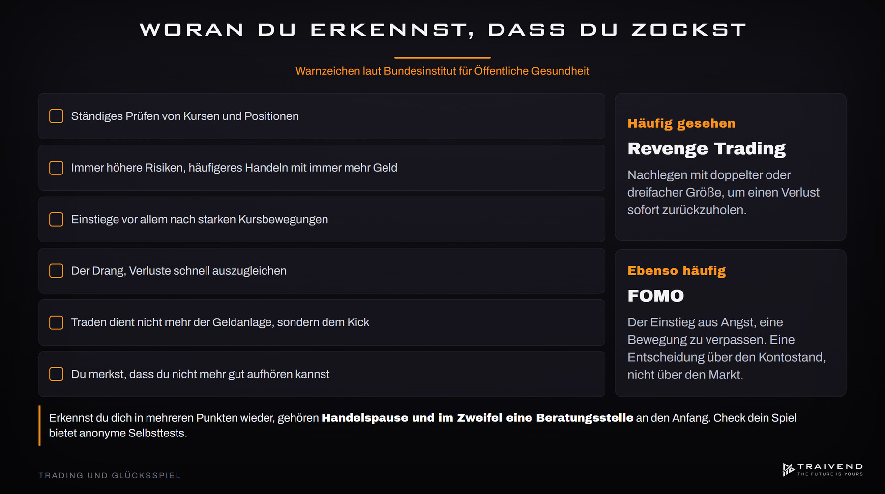 Warnzeichen für Zocken beim Trading laut Bundesinstitut für Öffentliche Gesundheit, dazu Revenge Trading und FOMO
