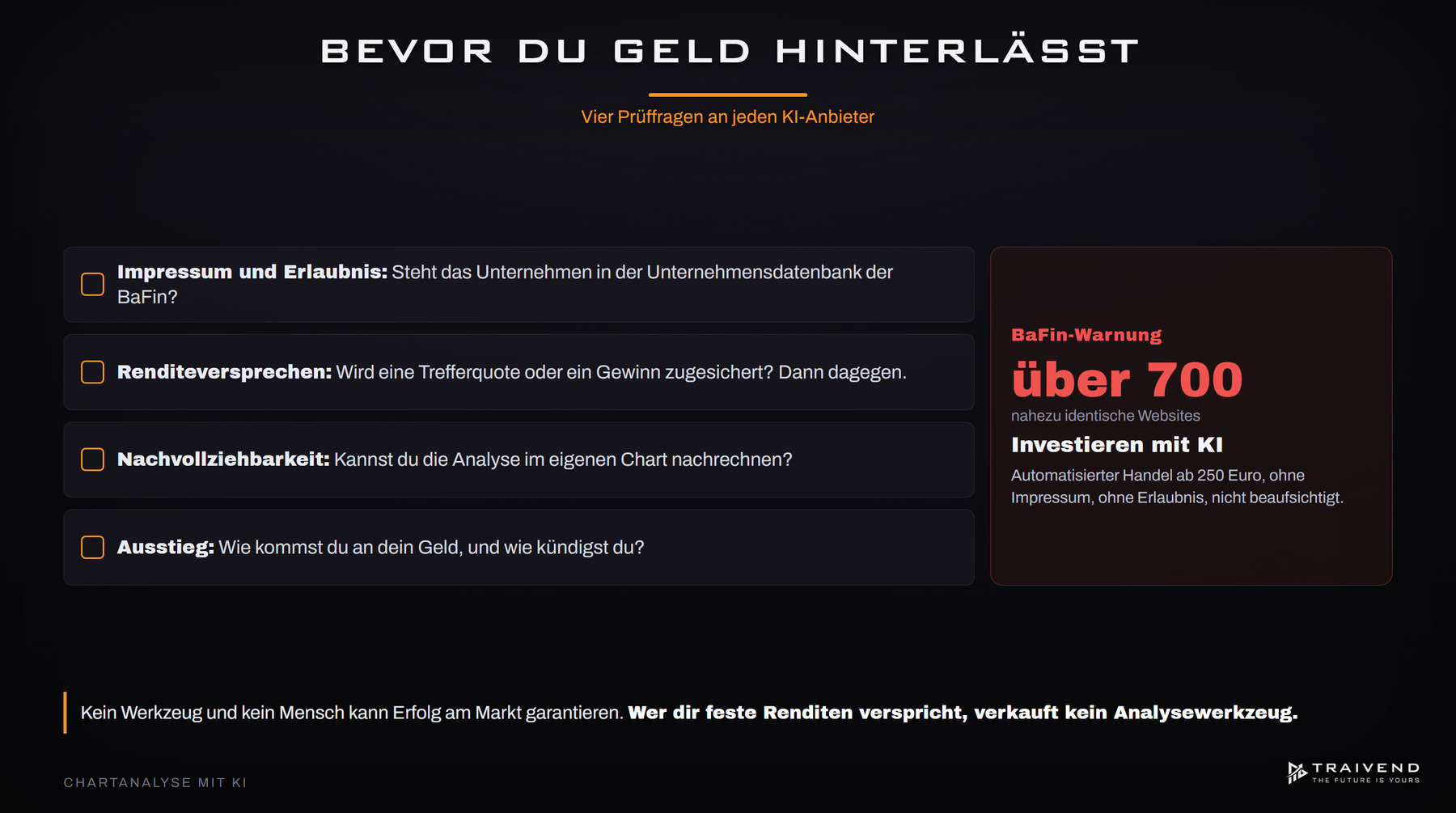 Vier Prüffragen vor jedem KI-Trading-Anbieter: Impressum und Erlaubnis, Renditeversprechen, Nachvollziehbarkeit, Ausstieg