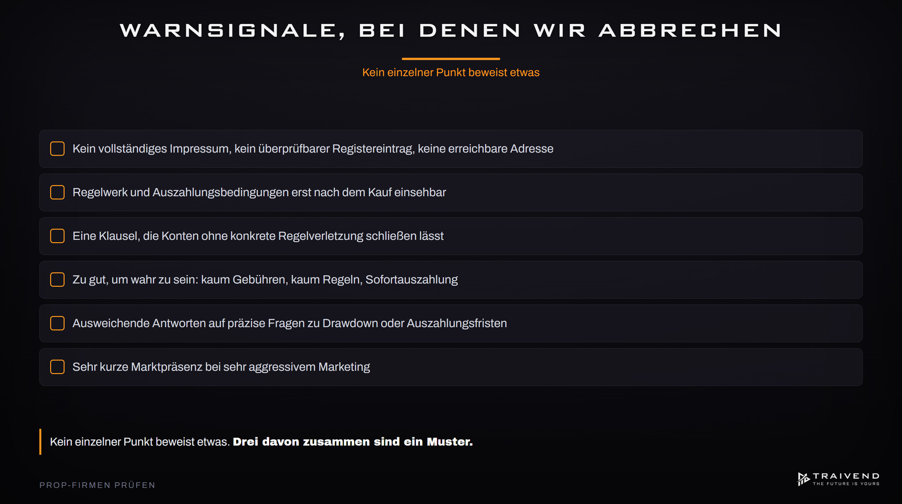 Warnsignale bei Prop-Firmen: fehlendes Impressum, Regeln erst nach dem Kauf, Sofortauszahlung und aggressives Marketing
